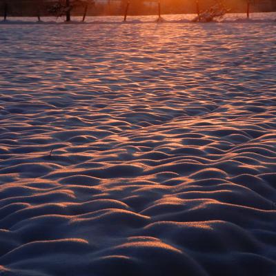 Soleil couchant sur la campagne enneigée